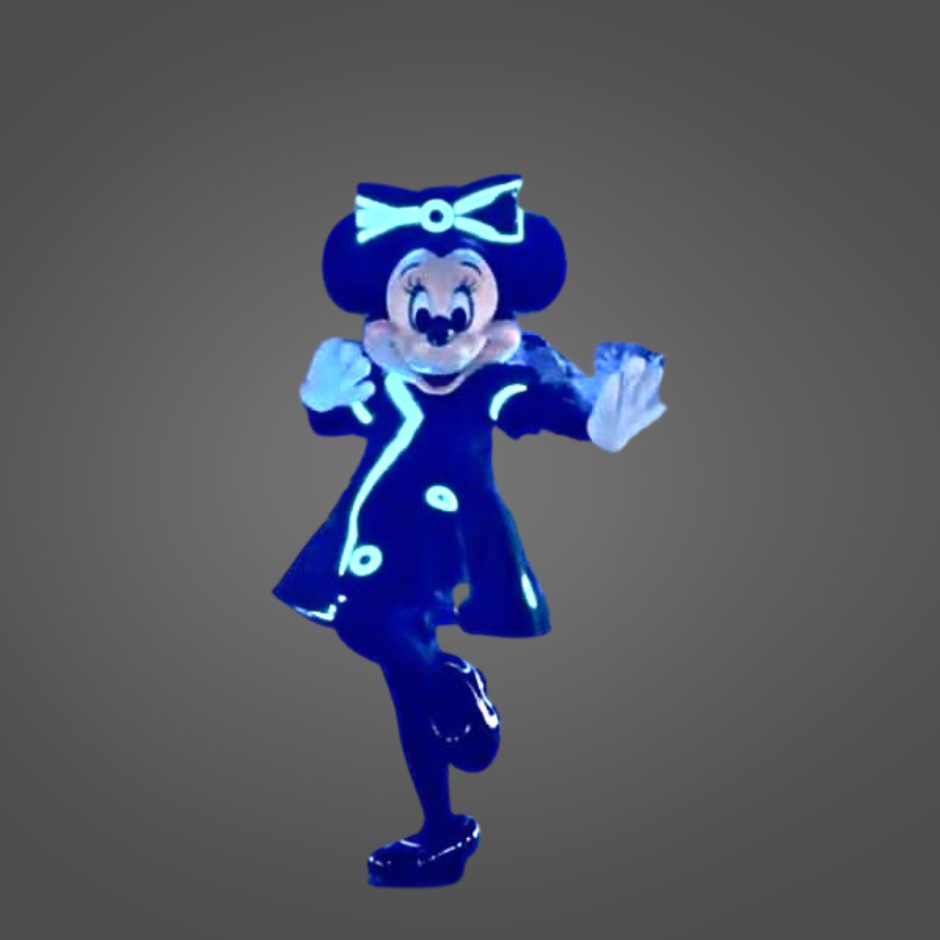 Minnie Mouse dressed in Tron costume blue with blue circles